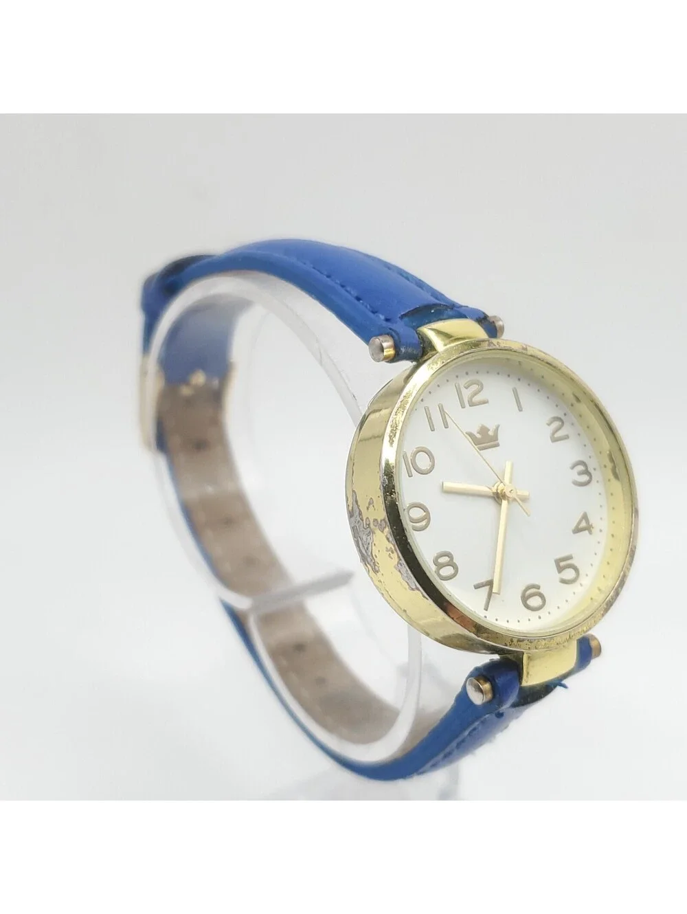 Accutime Quartz  Womens Watch 30mm Gold Tone Blue Leather Band New Battery